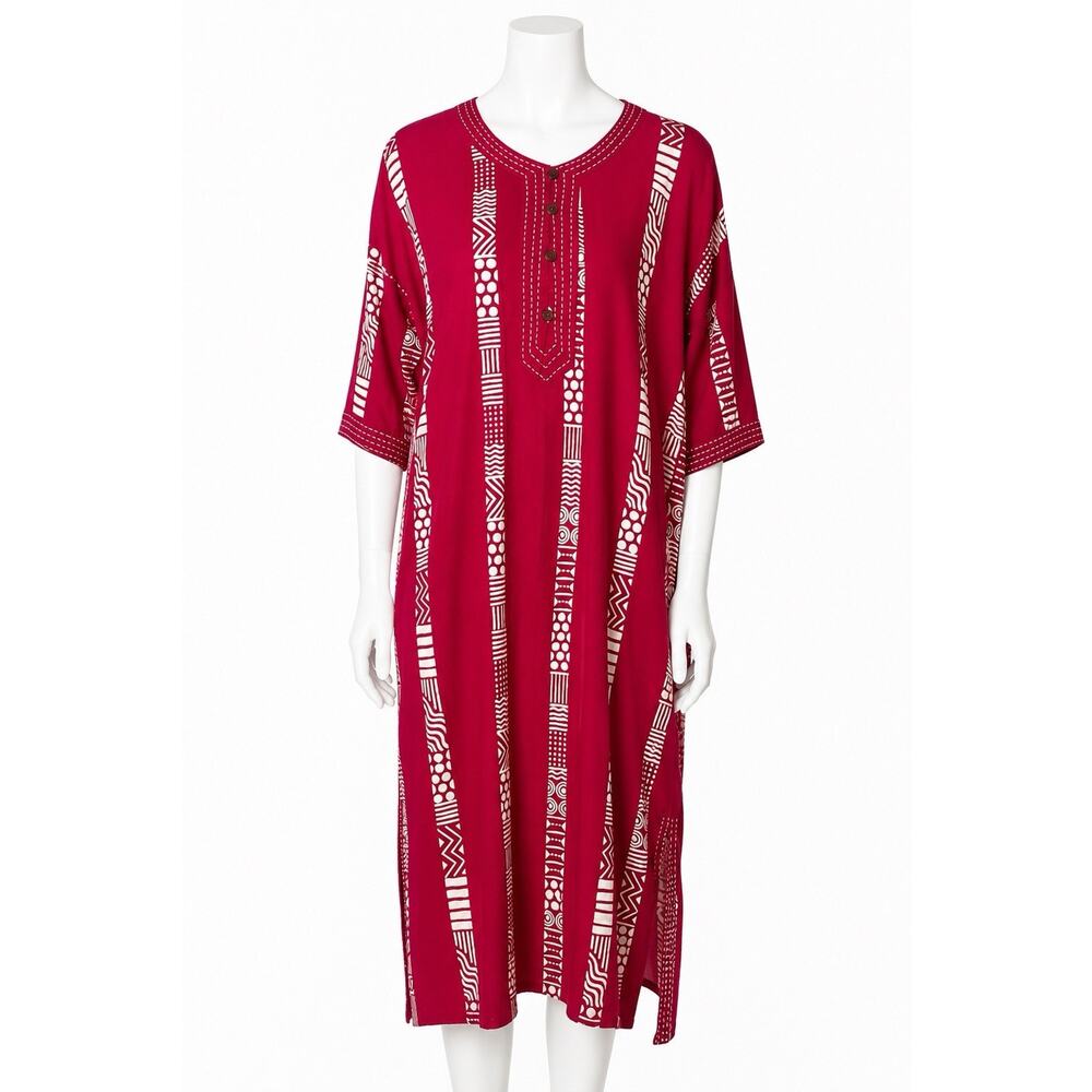 Gudrun Sjoden Organic Cotton Kaftan Dress Red Sz Medium Geometric Print Boho